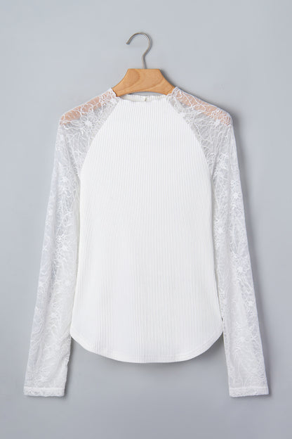 Solid Sheer Lace Long Sleeve Ribbed Knit Top