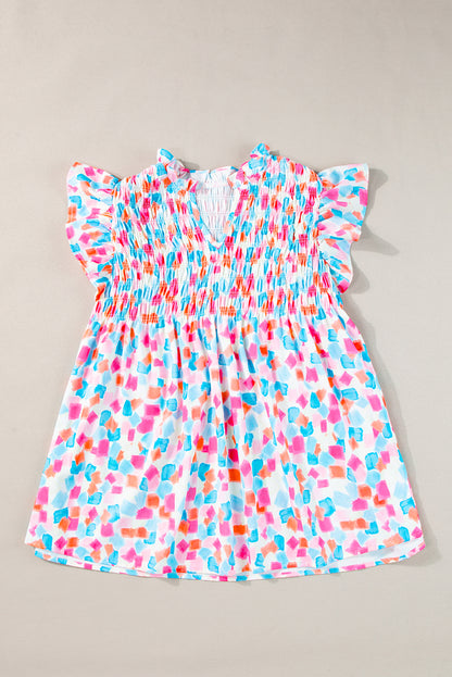 Abstract Print Shirred Yoke Ruffle Blouse