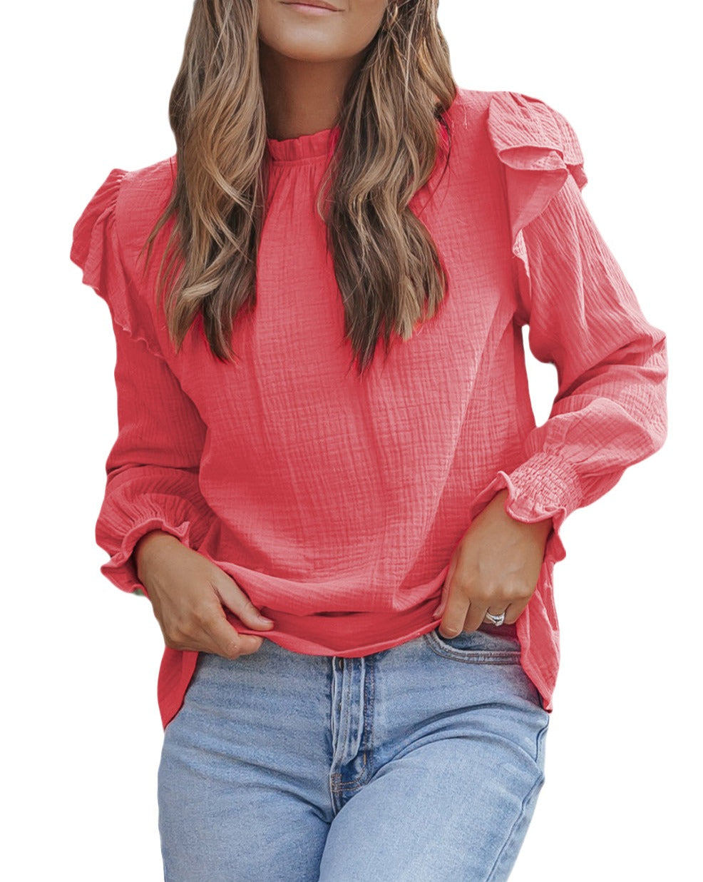 Gauze Ruffle Puff Sleeve Blouse