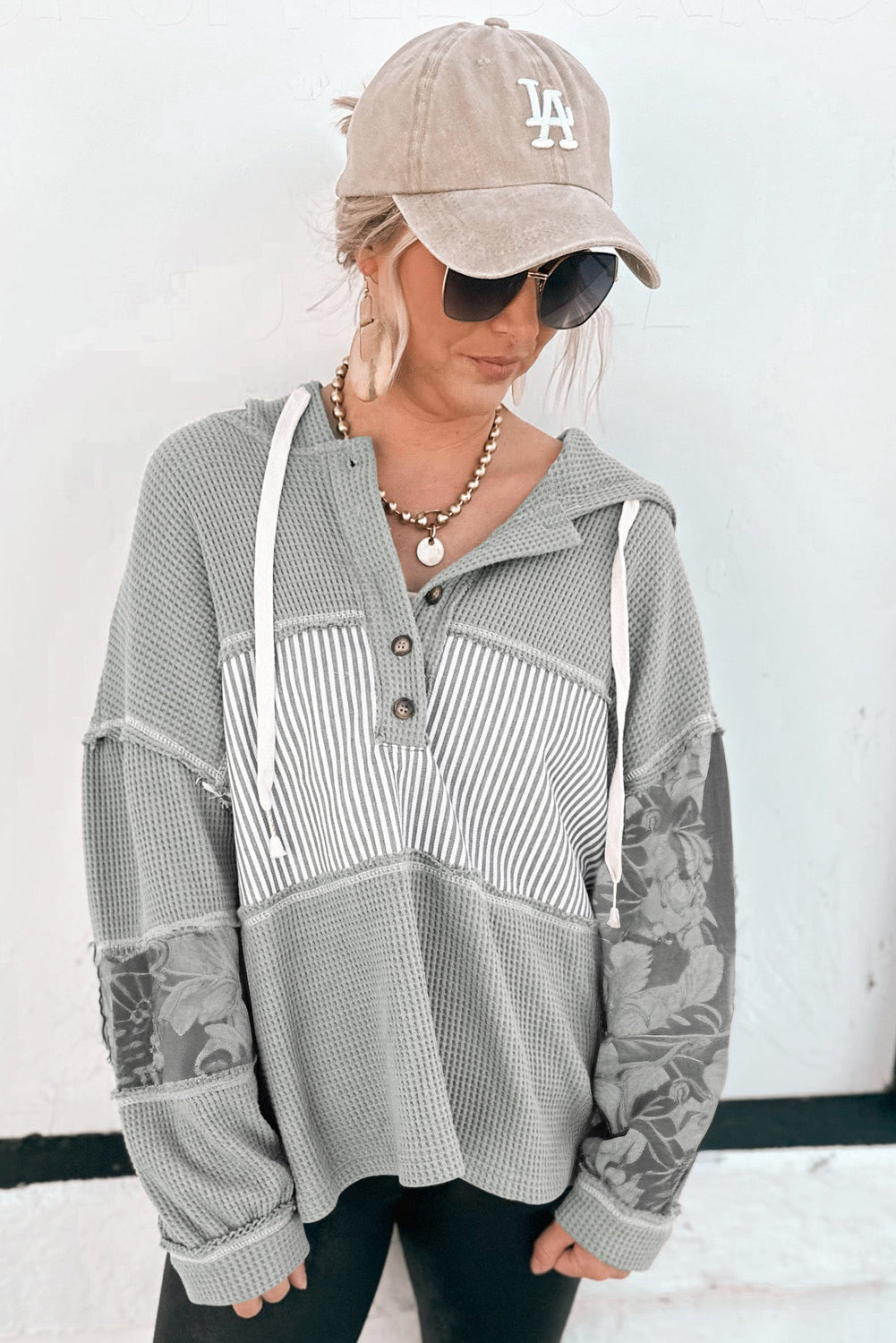 Stripe Waffle Patchwork Hooded Long Sleeve Top