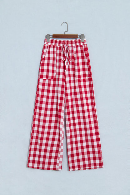 Gingham Drawstring High Waist Wide Leg Pants