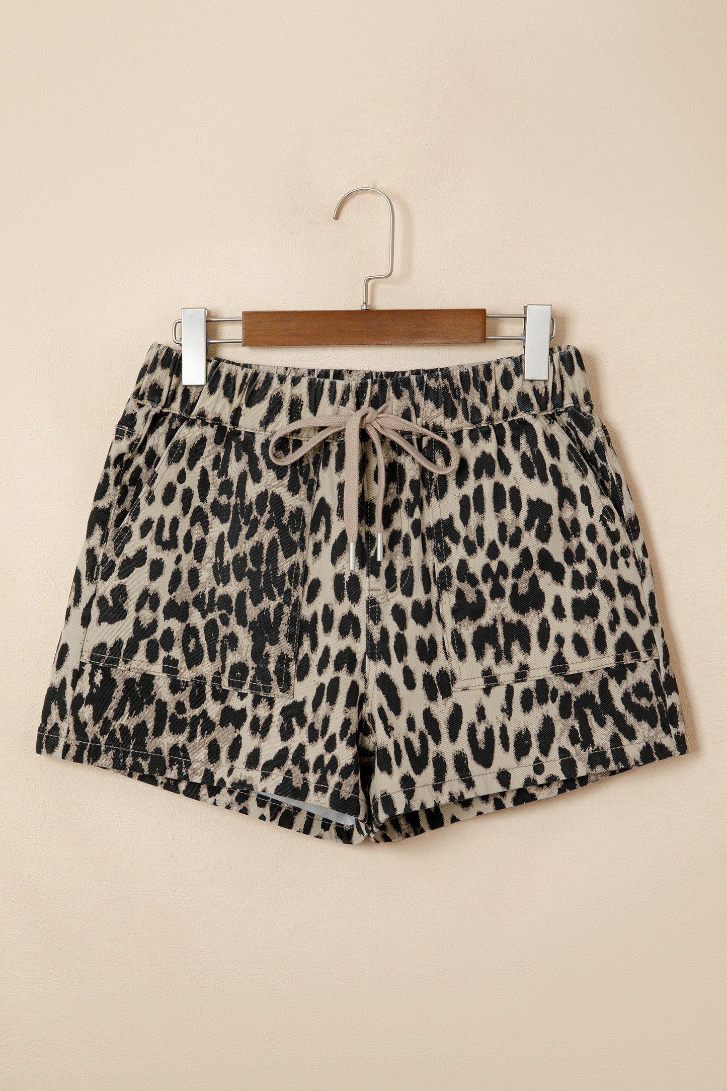 Leopard Denim Drawstring Elastic Waist Shorts