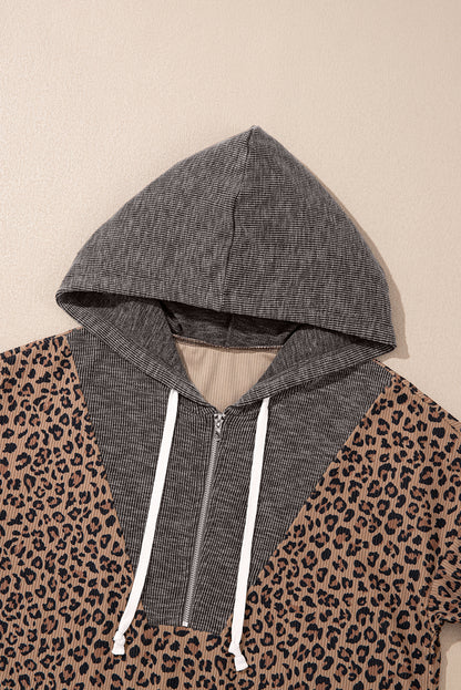 Leopard Ribbed Knit Contrast Half-Zip Hoodie