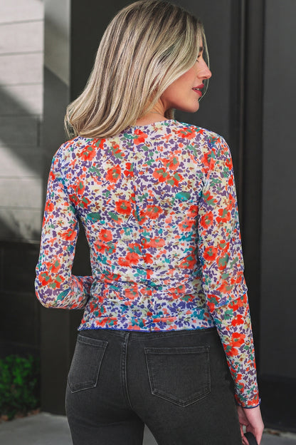 Floral Mesh Long Sleeve Mock Neck Top