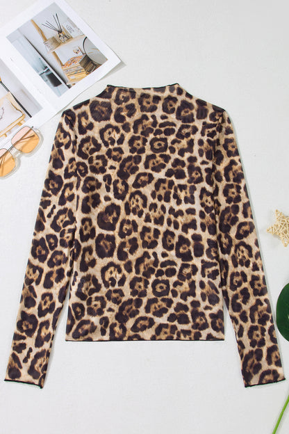 Leopard Mesh Mock Neck Long Sleeve Top