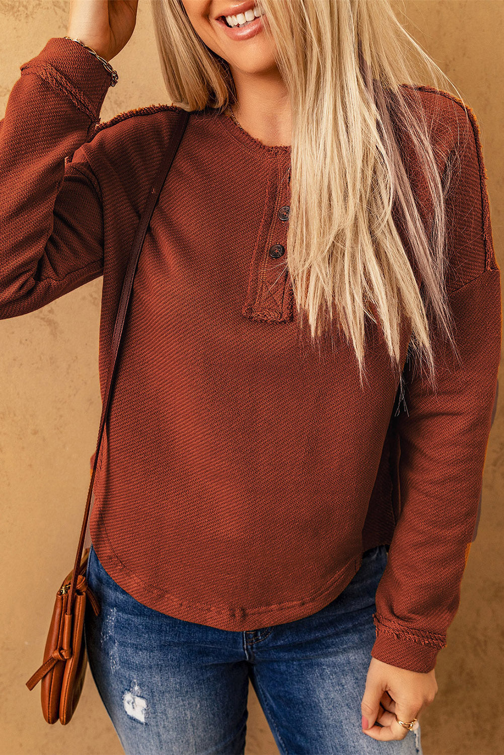 Reverse Seam Buttoned Henley Top