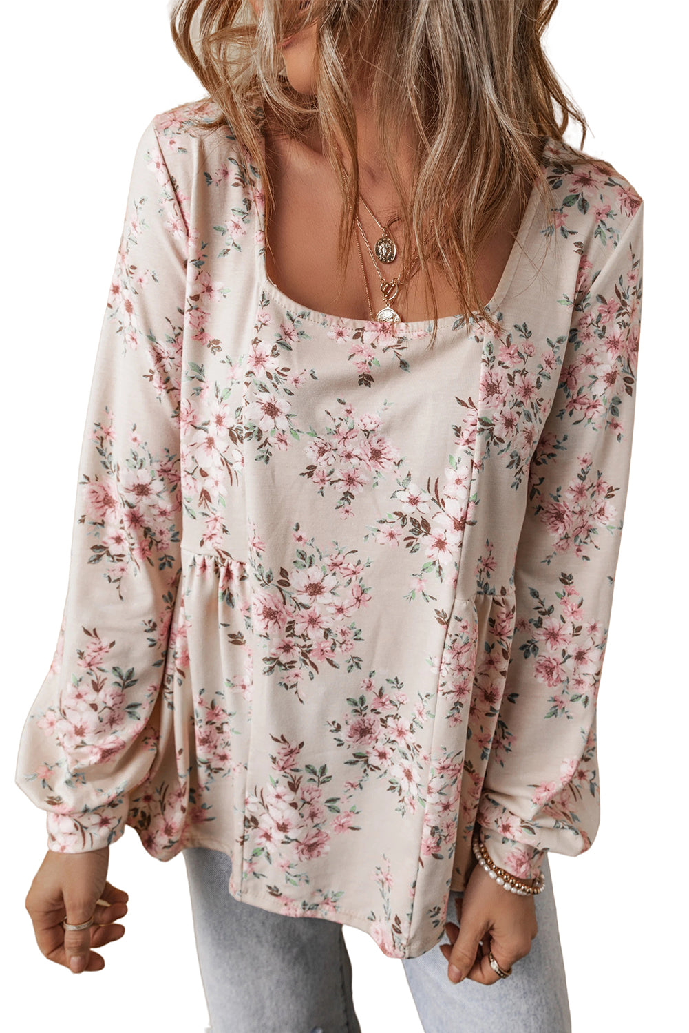 Floral Pleated Scoop Neck Blouse