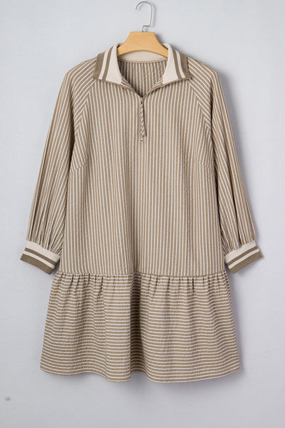 Plus Size Stripe Zip-Up Collared Mini Dress