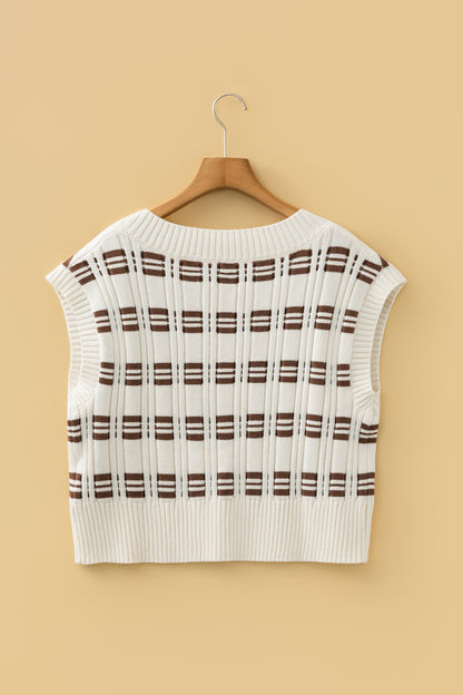 Geometric Textured V-Neck Cropped Sweater Top
