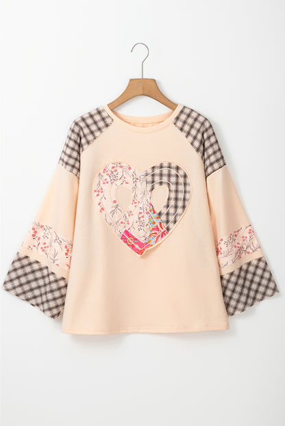 Valentine Heart Plaid Floral Patchwork Long Sleeve Top