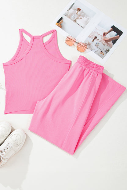 Solid Ribbed Tank Top and Sweatpants Set