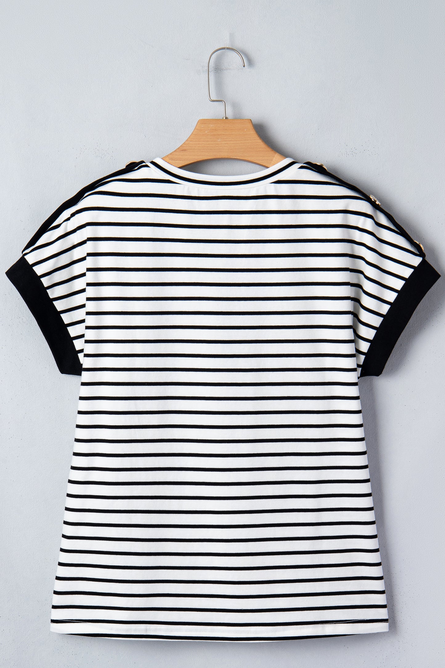 Stripe Buttoned Shoulder Cuffed Short Sleeve Tee