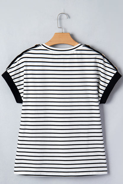 Stripe Buttoned Shoulder Cuffed Short Sleeve Tee