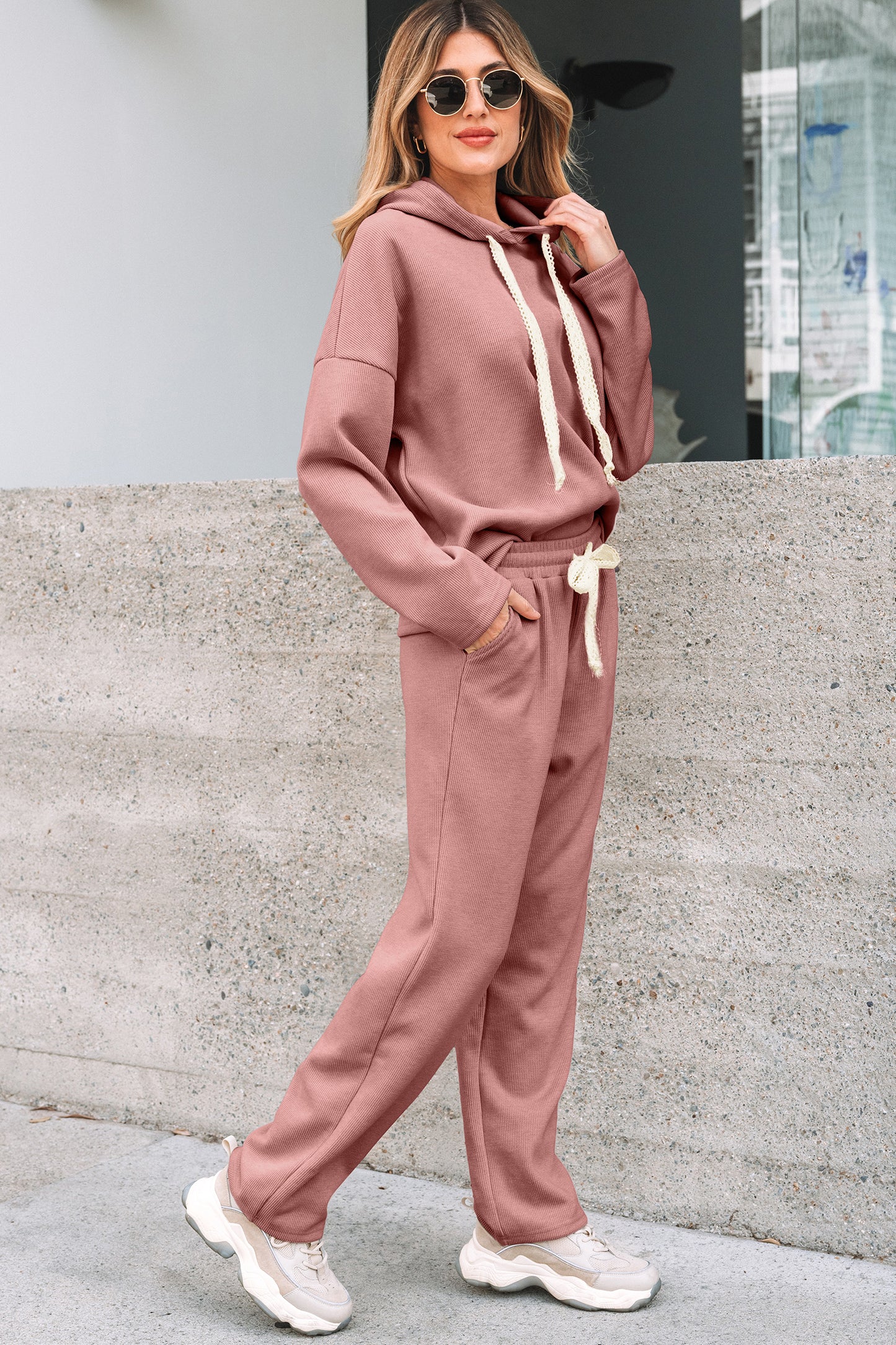 Solid Corduroy Lace Hoodie and Pants Set