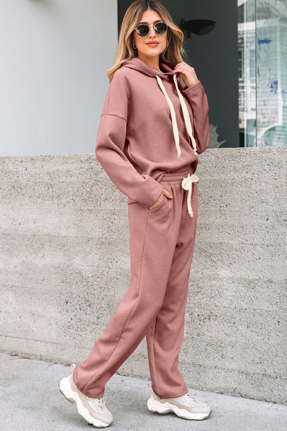 Solid Corduroy Lace Hoodie and Pants Set
