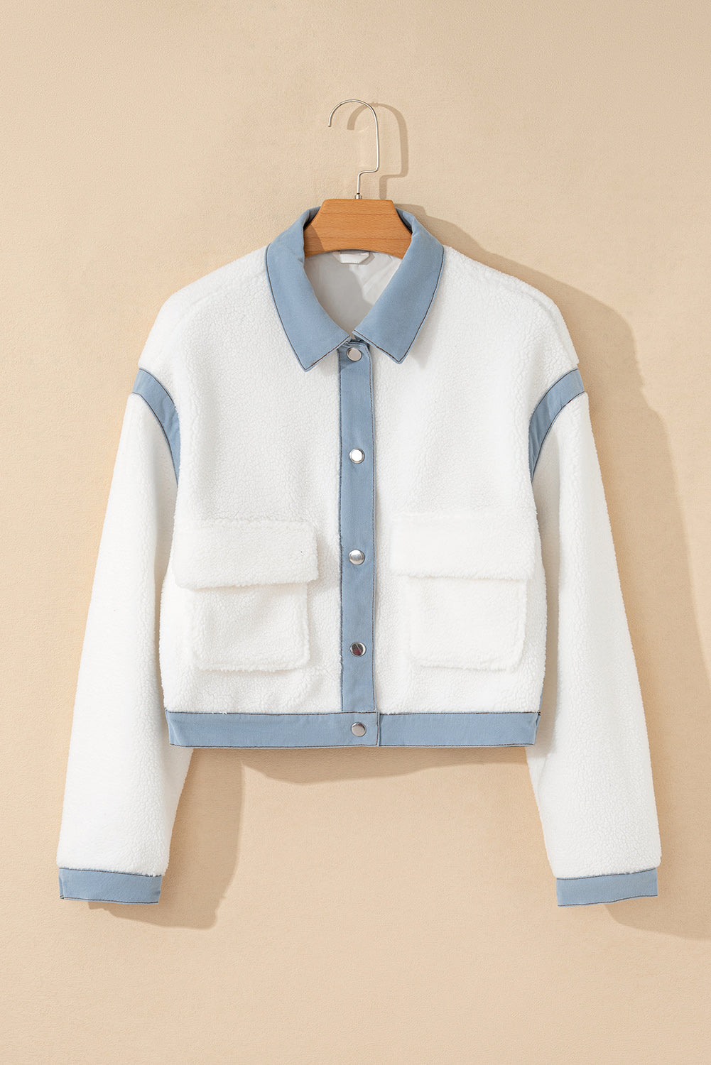 Solid Contrast Trim Buttoned Sherpa Jacket