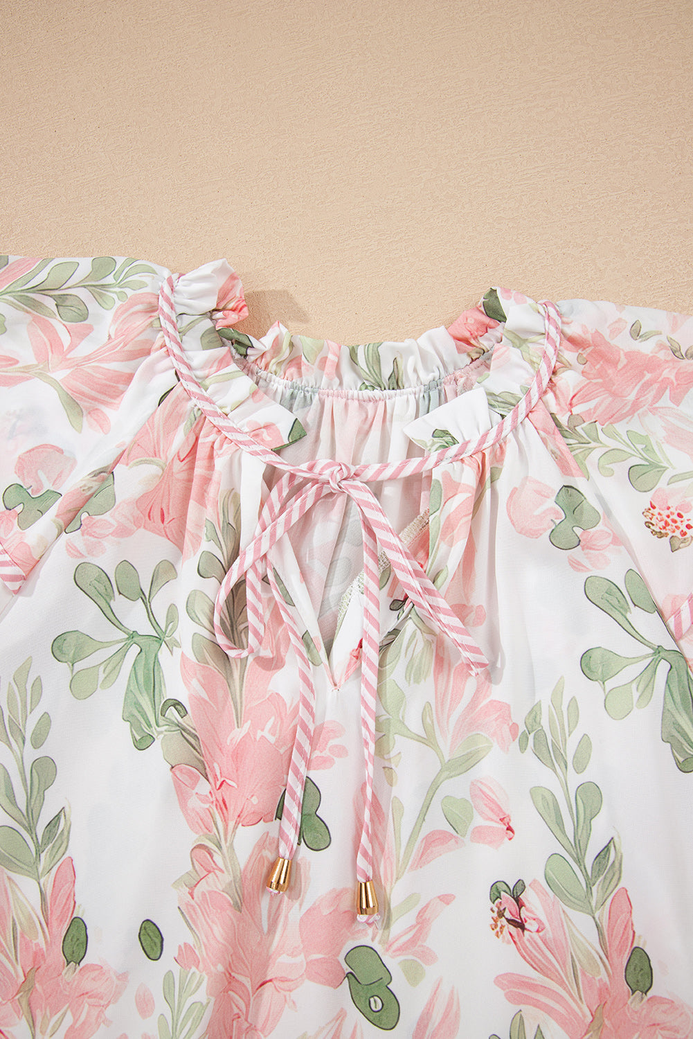 Floral Stripe Tiered Ruffle Sleeve V-Neck Blouse