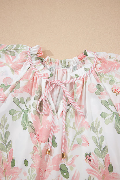 Floral Stripe Tiered Ruffle Sleeve V-Neck Blouse