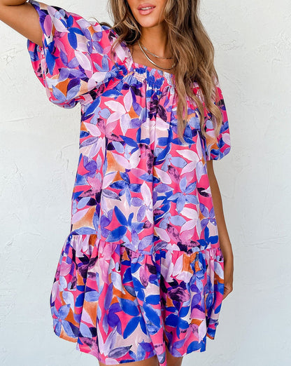 Floral Short Puff Sleeve Ruffle Dress