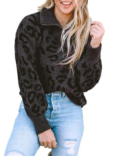 Leopard Quarter Zip Fuzzy Sweater