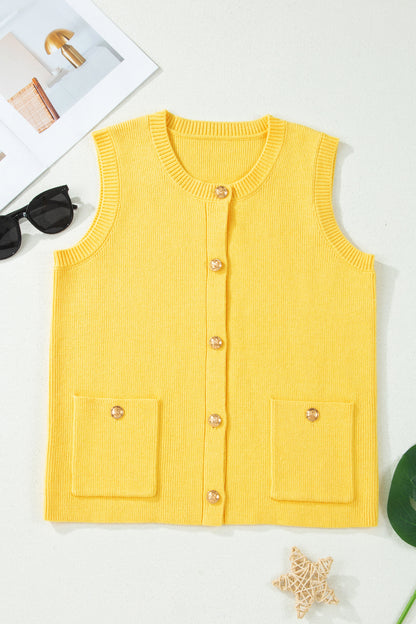 Solid Knit Sleeveless Button Front Pocketed Sweater