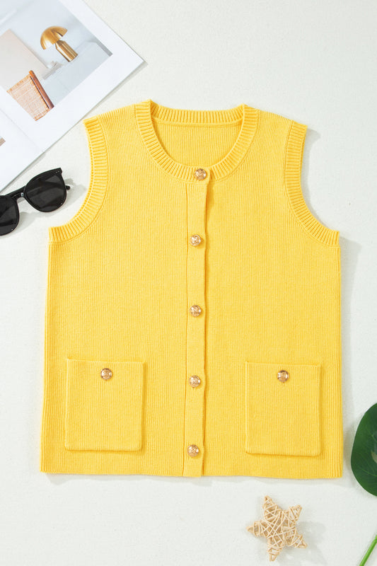 Solid Knit Sleeveless Button Front Pocketed Sweater