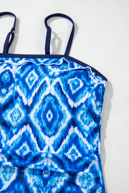Abstract Frilled Trim Spaghetti Straps Tankini Set