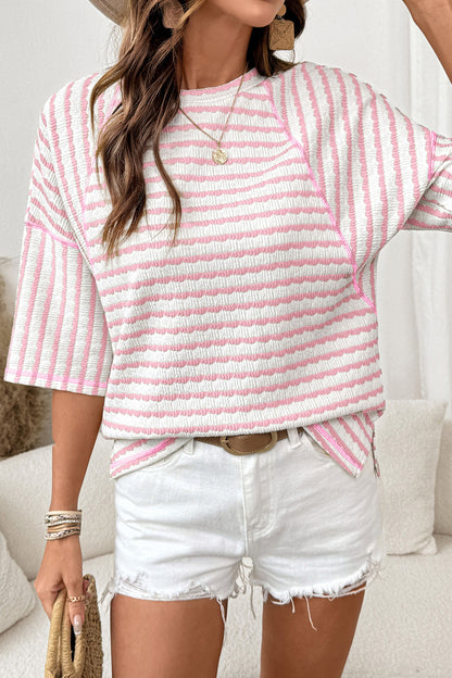 Stripe Textured Knit 3/4 Sleeve Top
