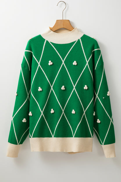 Christmas Geometric Diamond Pom Long Sleeve Sweater