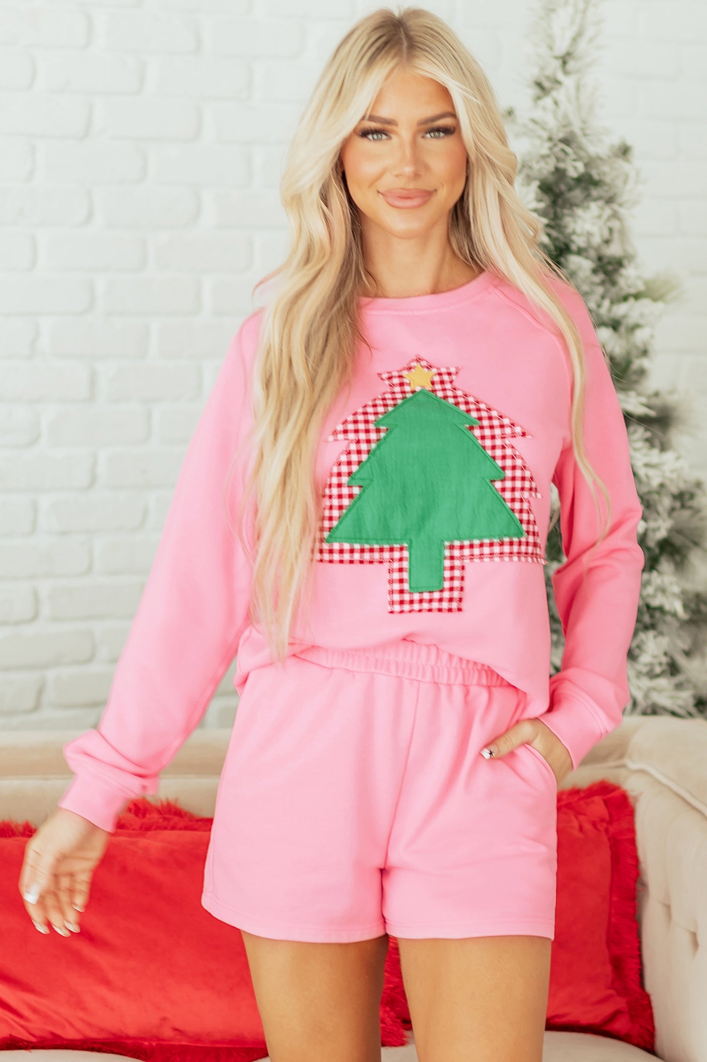 Christmas Tree Plaid Patch Pullover and Short Set