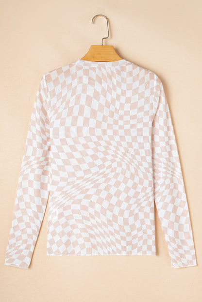 Checker Mesh Mock Neck Long Sleeve Top