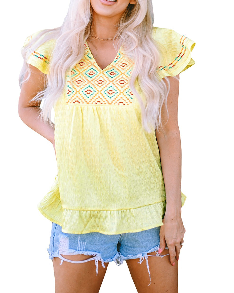 Geometric Embroidered Flutter Sleeve Top