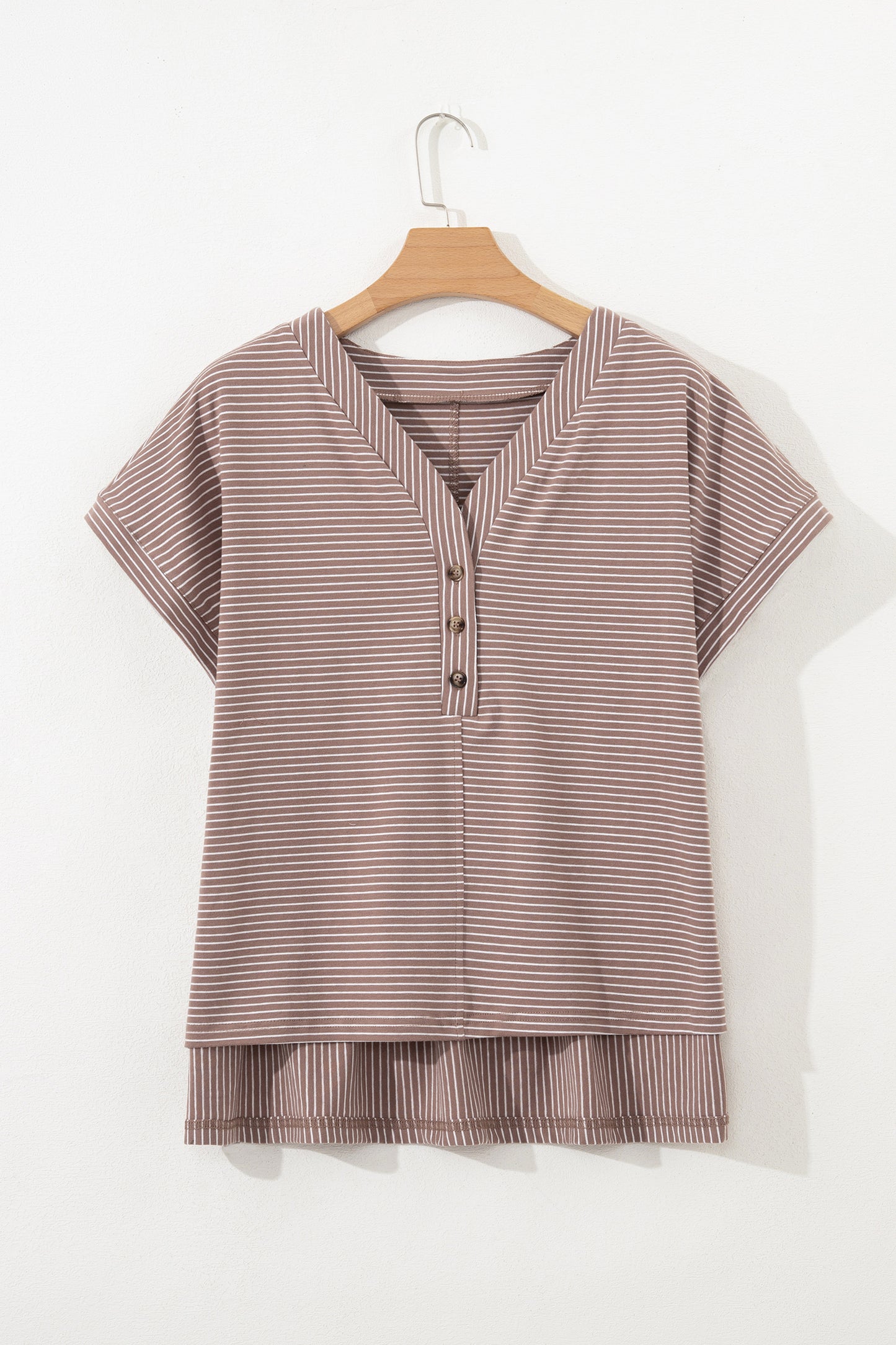 Stripe Buttoned V-Neck Short Sleeve T-Shirt