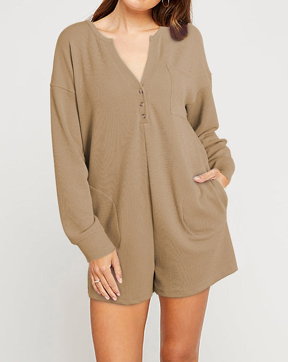 Ribbed V-Neck Long Sleeve Romper