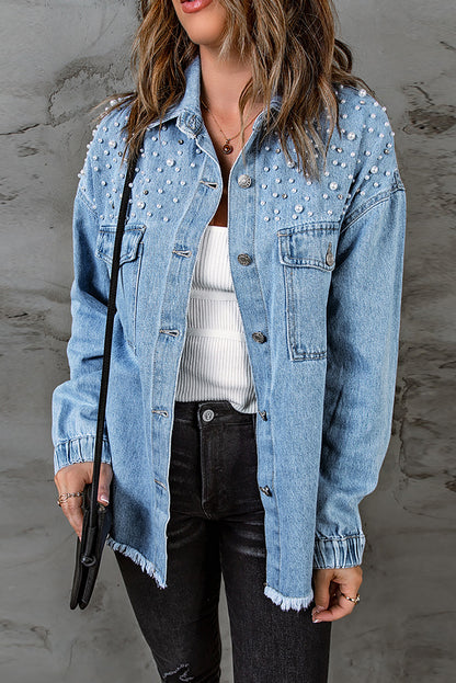 Denim Rhinestone Pearl Buttoned Shacket