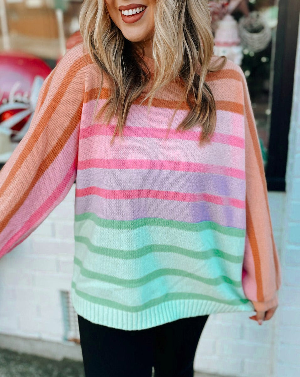 Gradient Stripe Ribbed Trim Sweater