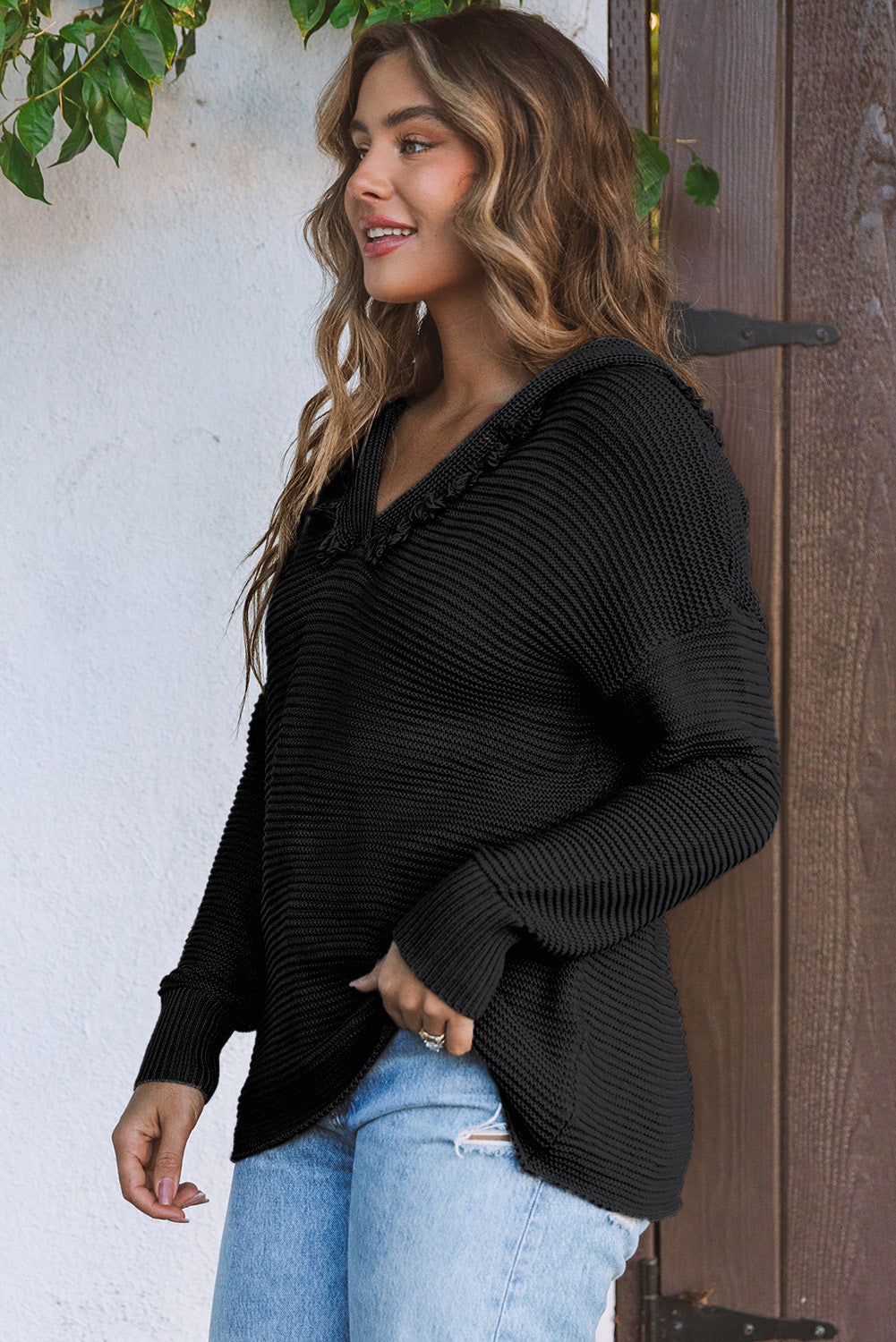Solid Ribbed Drop Shoulder Hooded V-Neck Sweater
