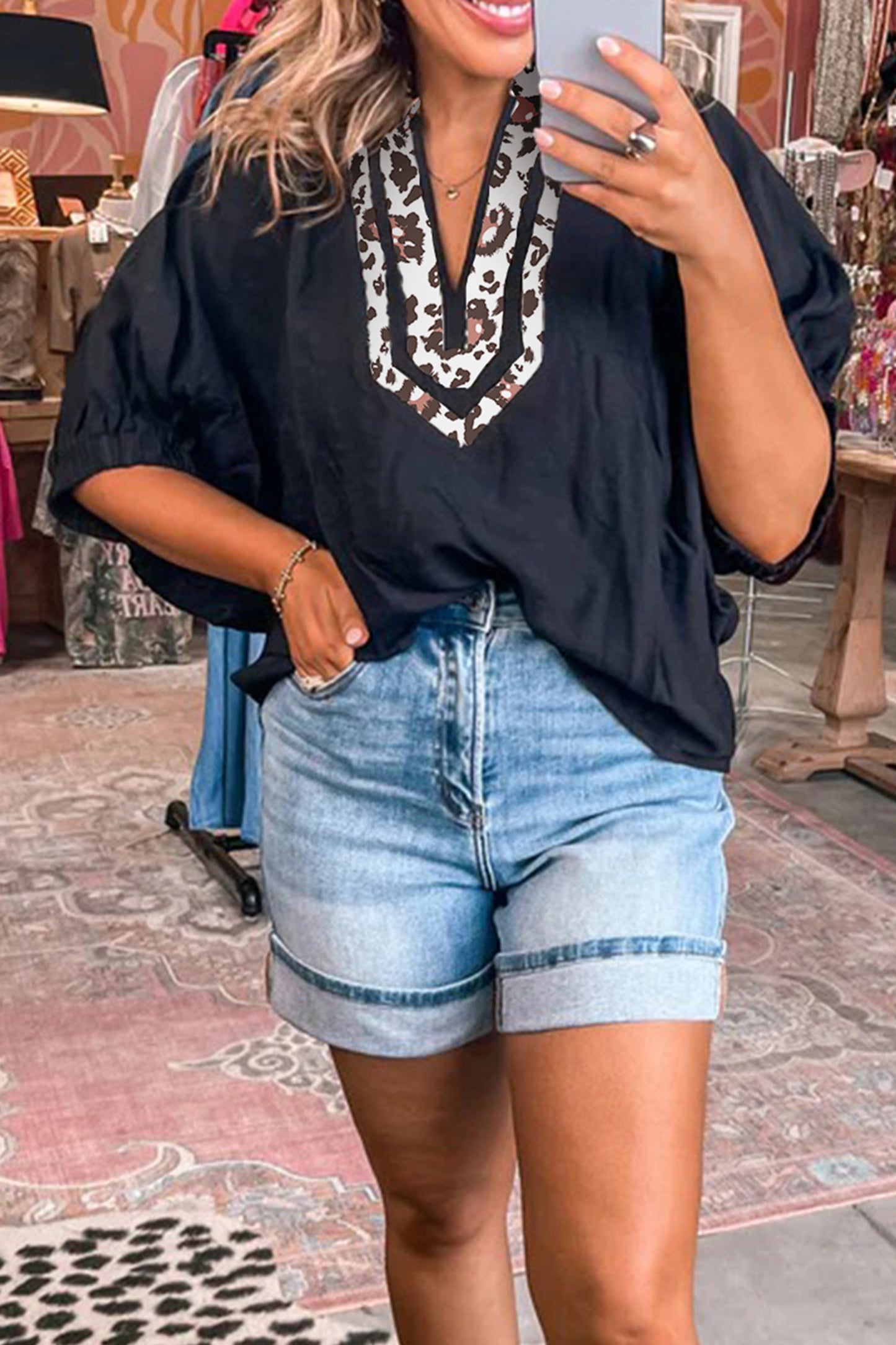 Leopard Patchwork Dolman Sleeve V-Neck Blouse