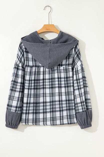 Plaid Quarter-Button Patchwork Long Sleeve Hooded Blouse