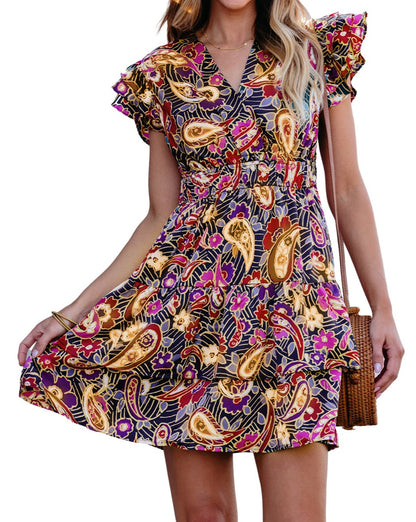 Paisley Flutter Sleeve Tiered Dress