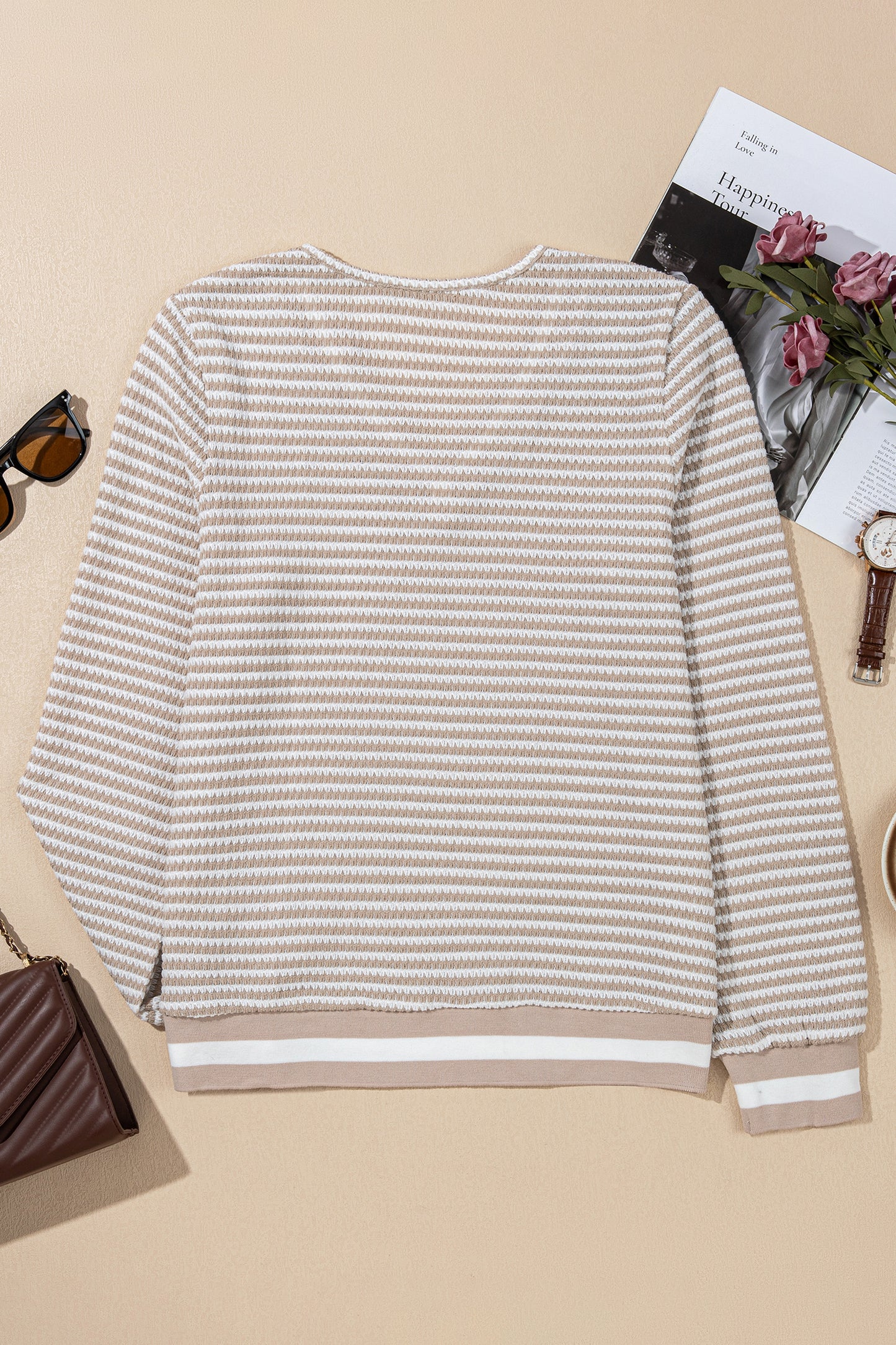 Stripe Textured Knit Long Sleeve V-Neck Top