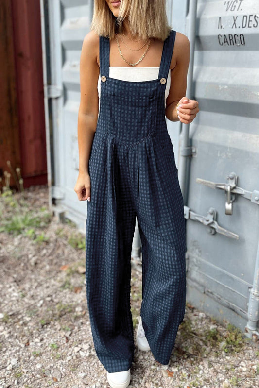 Plaid Buttoned Straps Pocketed Overall