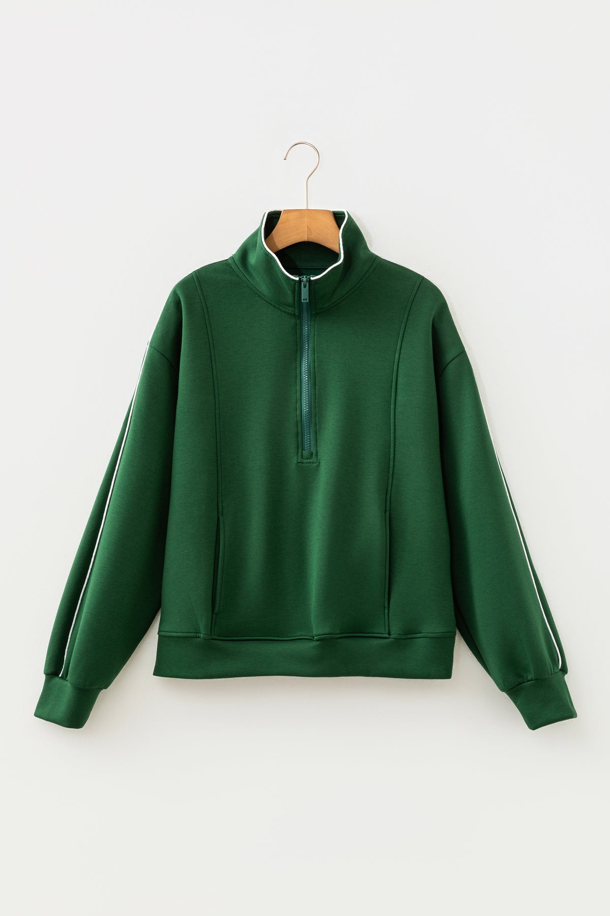 Solid Contrast Trim Zip-Up Mock Neck Sweatshirt