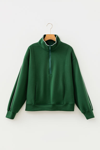 Solid Contrast Trim Zip-Up Mock Neck Sweatshirt