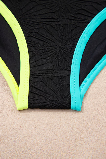 Floral Textured Neon Trim Crisscross Tankini Set
