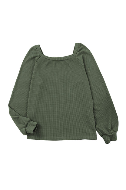 Waffle Square Neck Puff Sleeve Top