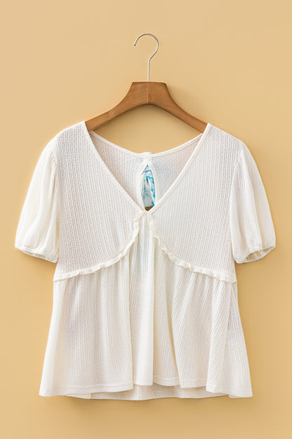 Floral Bow Tie Back Bubble Sleeve Peplum Top