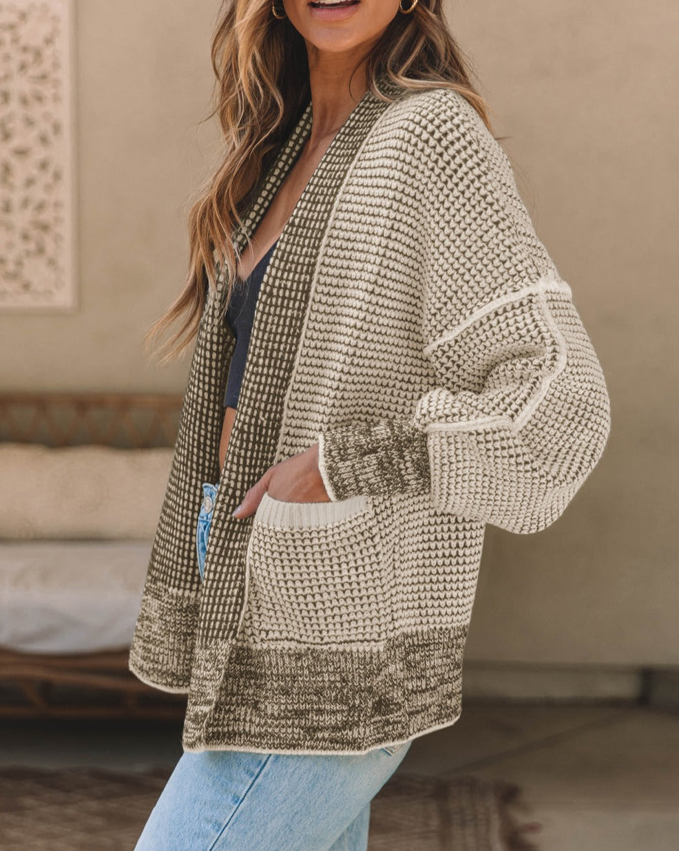 Chunky Waffle Open Front Cardigan