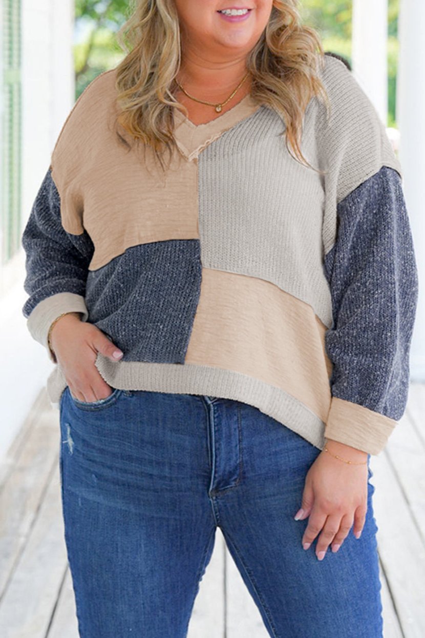 Plus Size Textured Patchwork Reverse Seam Top