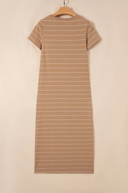 Stripe Short Sleeve Side Slit Maxi Dress